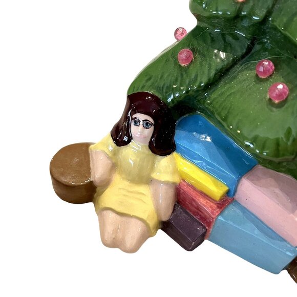 Unique Vintage Handmade Ceramic Green u Christmas Tree Little Girl Presents Tedd - Picture 4 of 16